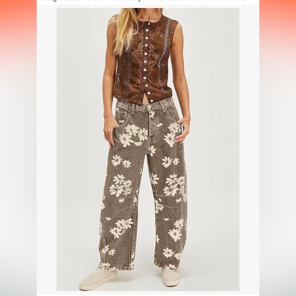Loveimgs NWT XS (S) burn out brown barrel leg Floral Jeans